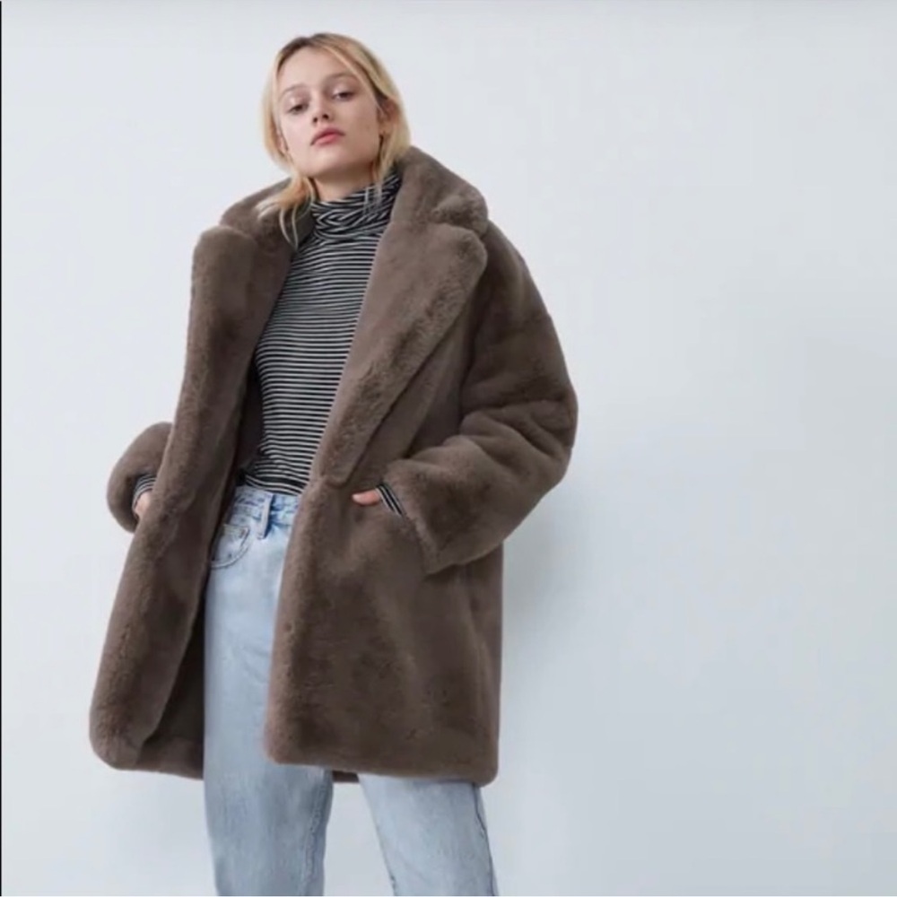 NWT Zara faux fur soft mink oversized gray trench coat jacket size small NEW